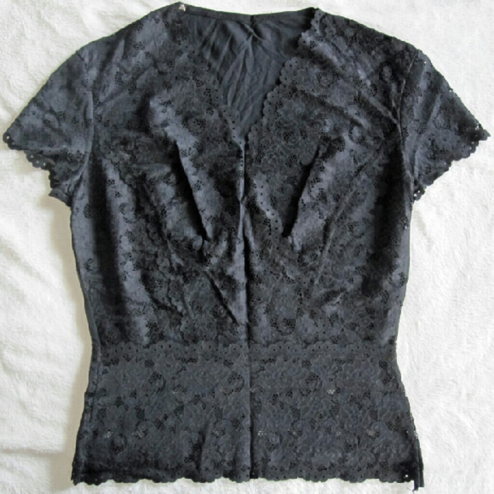 Black Lace Deep V-Neck Blouse Short Sleeved Shirt